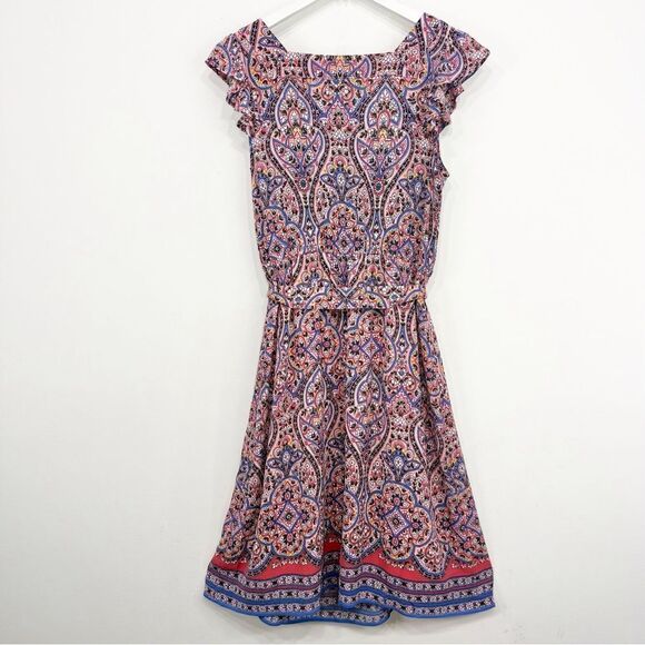 Talbots Majestic Medallion Floral Ruffle Cap Sleeve Tie Waist Pinafore Dress - Picture 9 of 16